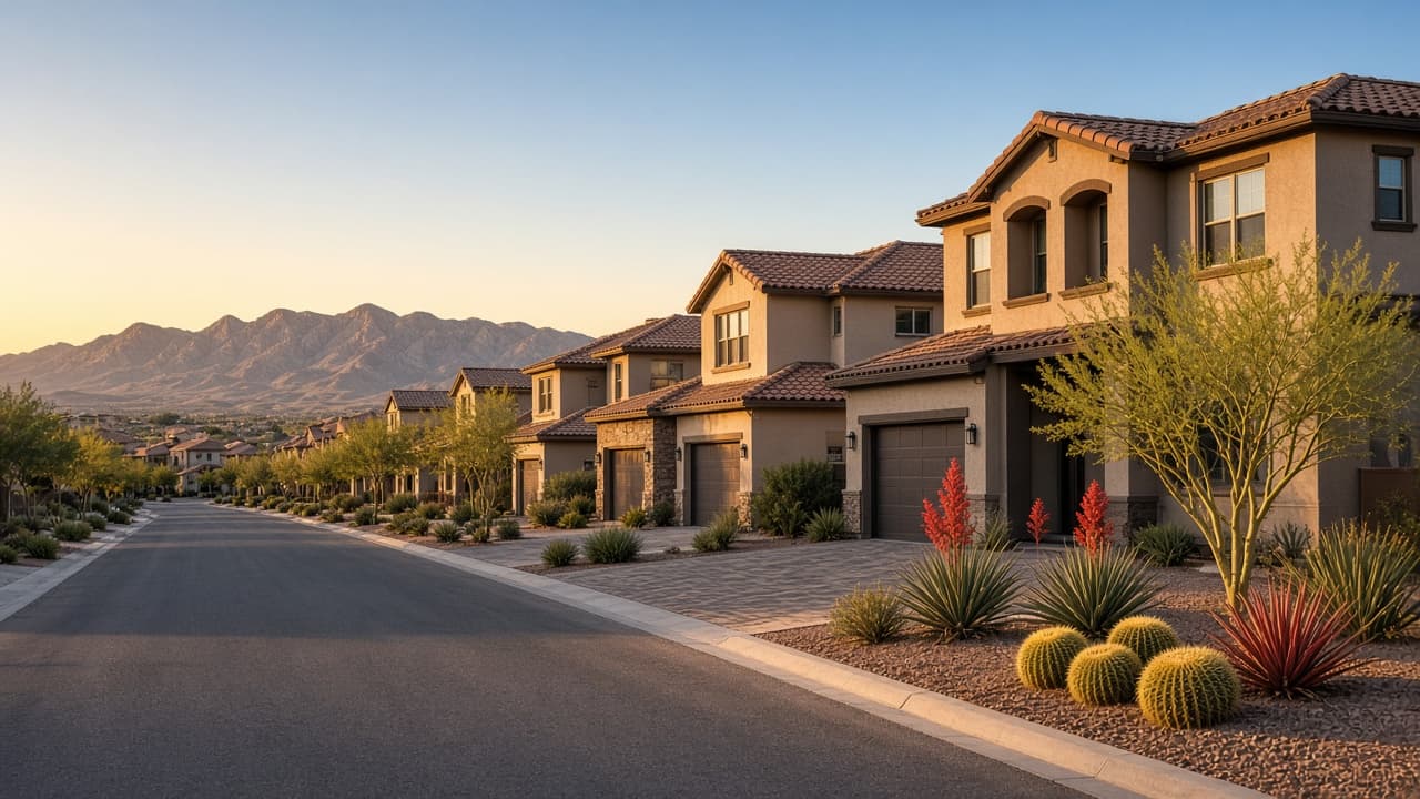 Stucco homes with tile roofs on an HOA street in Providence Las Vegas, NV 89166