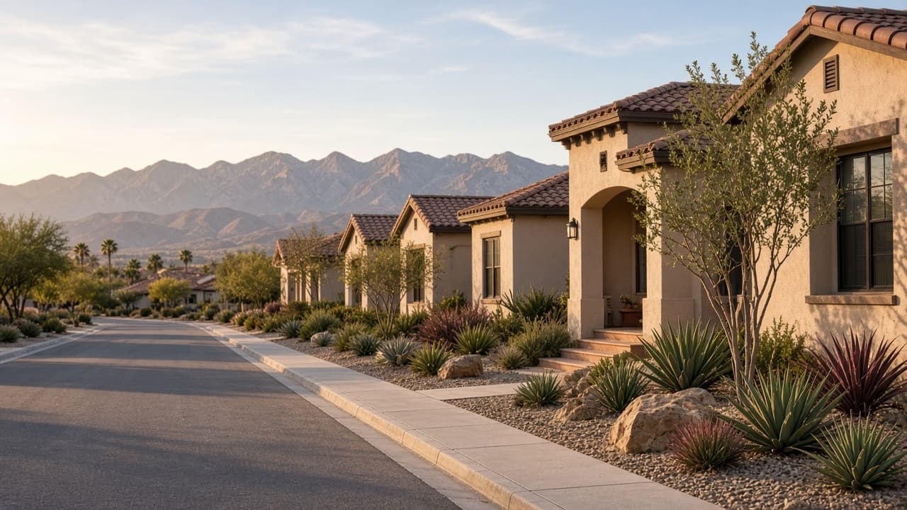 Homes for sale along a landscaped street in Providence Las Vegas