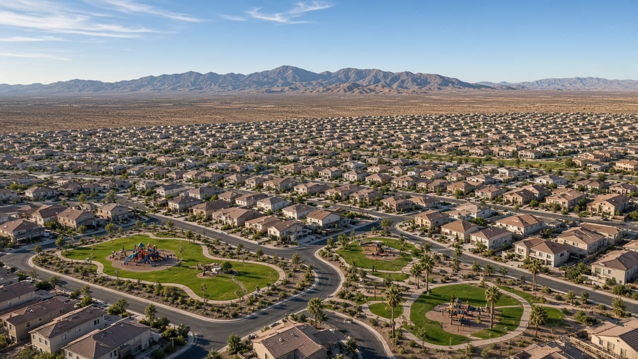 Aerial view of the Providence Las Vegas master-planned community and surrounding desert mountains