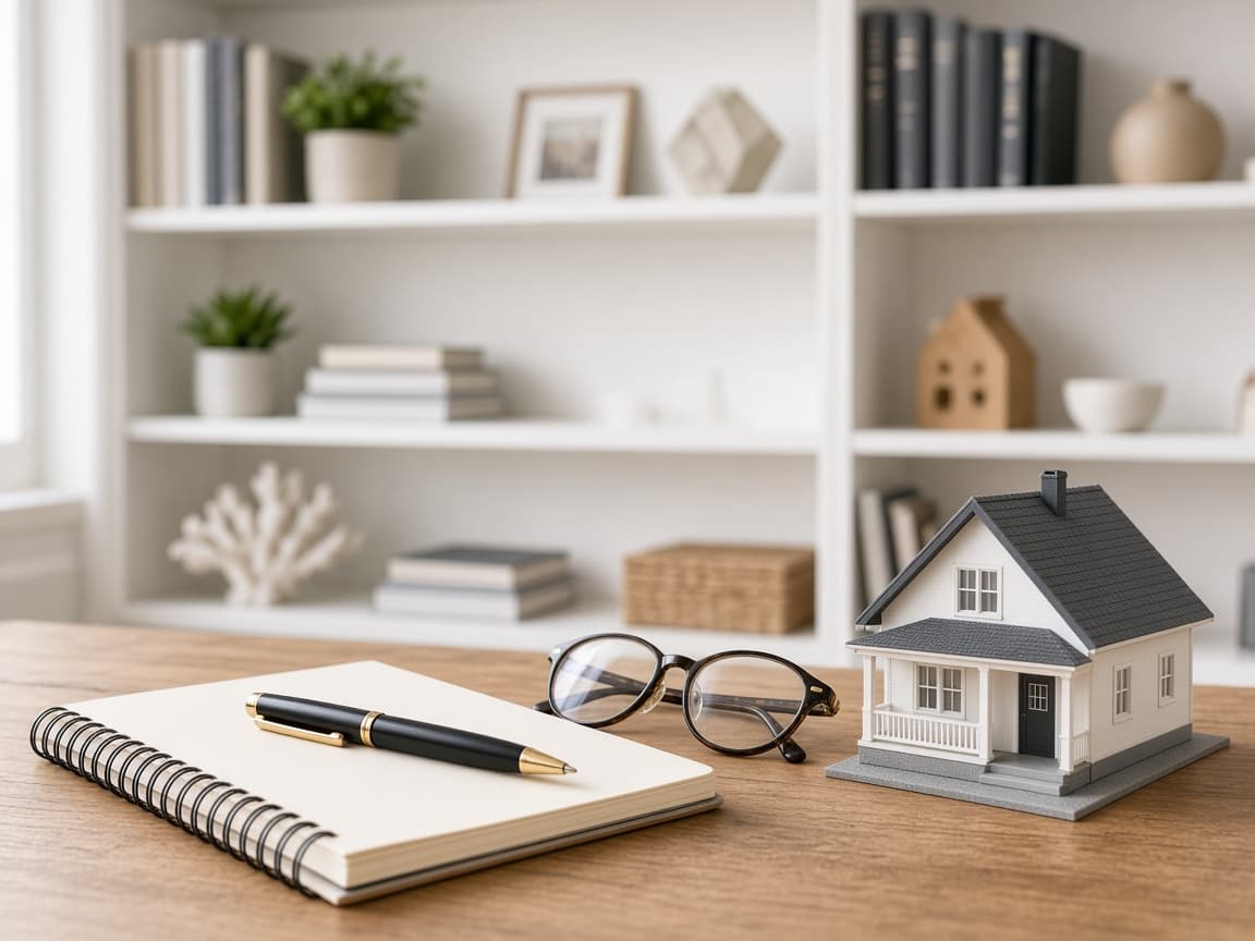 Notebook, model house, and glasses on a desk at Providence Real Estate