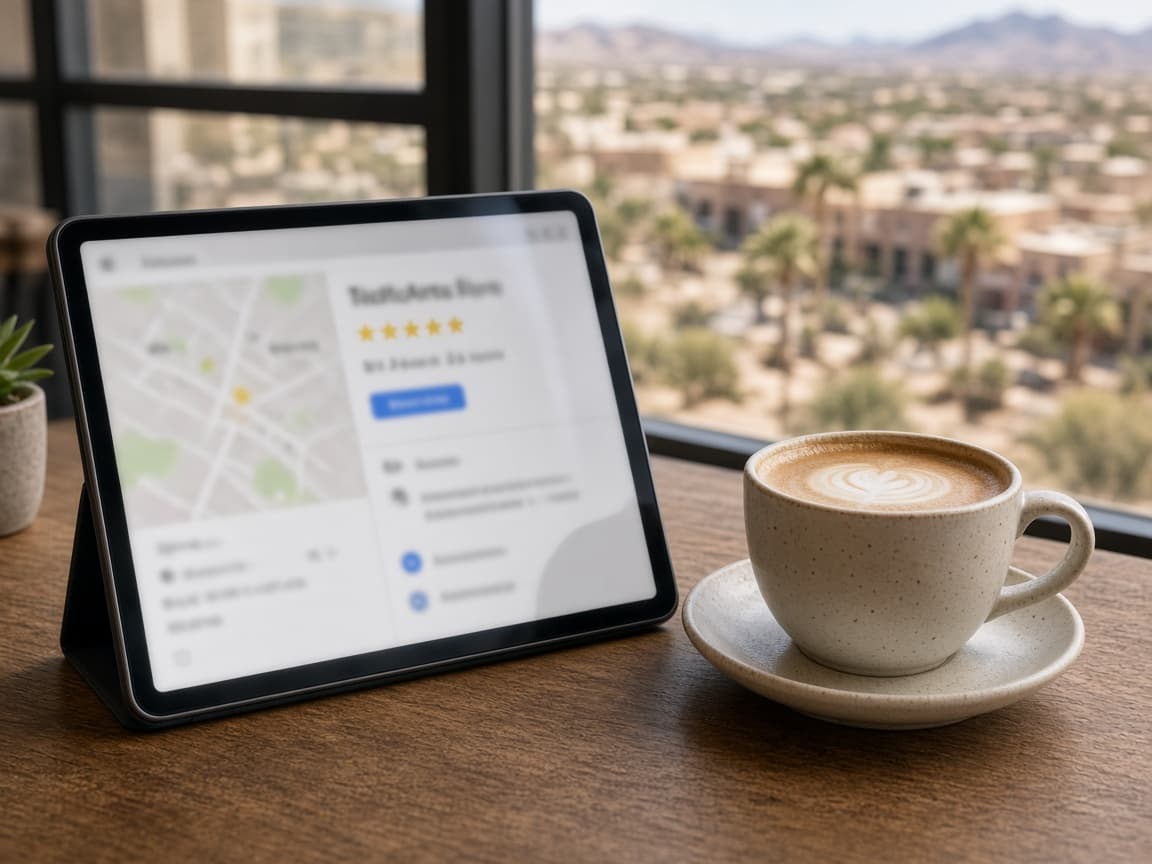 Tablet showing a map listing beside a window view of Las Vegas homes