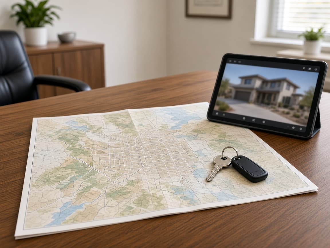 Map and house keys on a consultation table for Providence real estate services